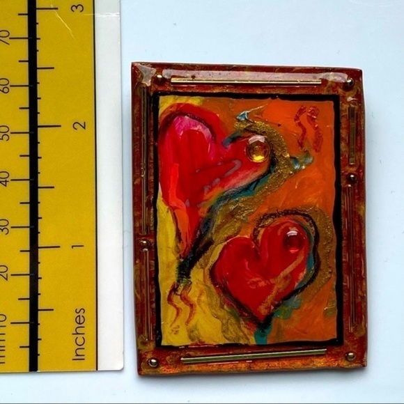 Vintage Red Yellow Acrylic over Paper Art Deco Heart Brooch Pin EUC - Picture 6 of 6